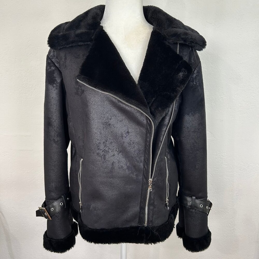 Black Faux Suede Asymmetrical Zip Oversized Motorcycle Jacket Faux Fur Express